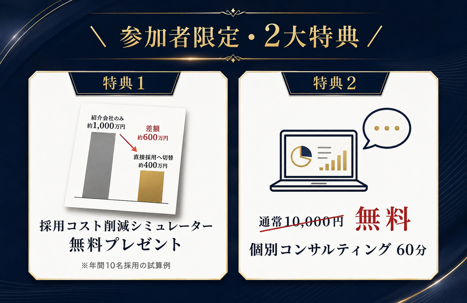 参加者限定・2大特典　特典1：採用コスト削減シミュレーター無料プレゼント　特典2：個別コンサルティング60分（通常10,000円）が無料